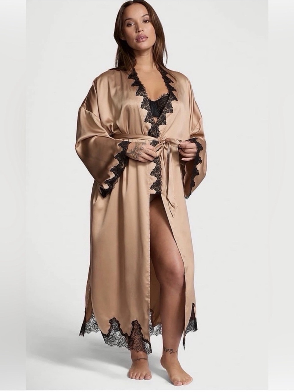 Victoria’s Secret Satin & Rose Lace Open-Back Long Robe Tan